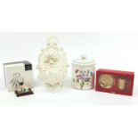 Collectable china including Royal Doulton dog, floral encrusted wall plaque and Portmeirion