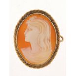 9ct gold cameo maiden head pendant brooch, Birmingham 1964, 3cm high, 5.3g