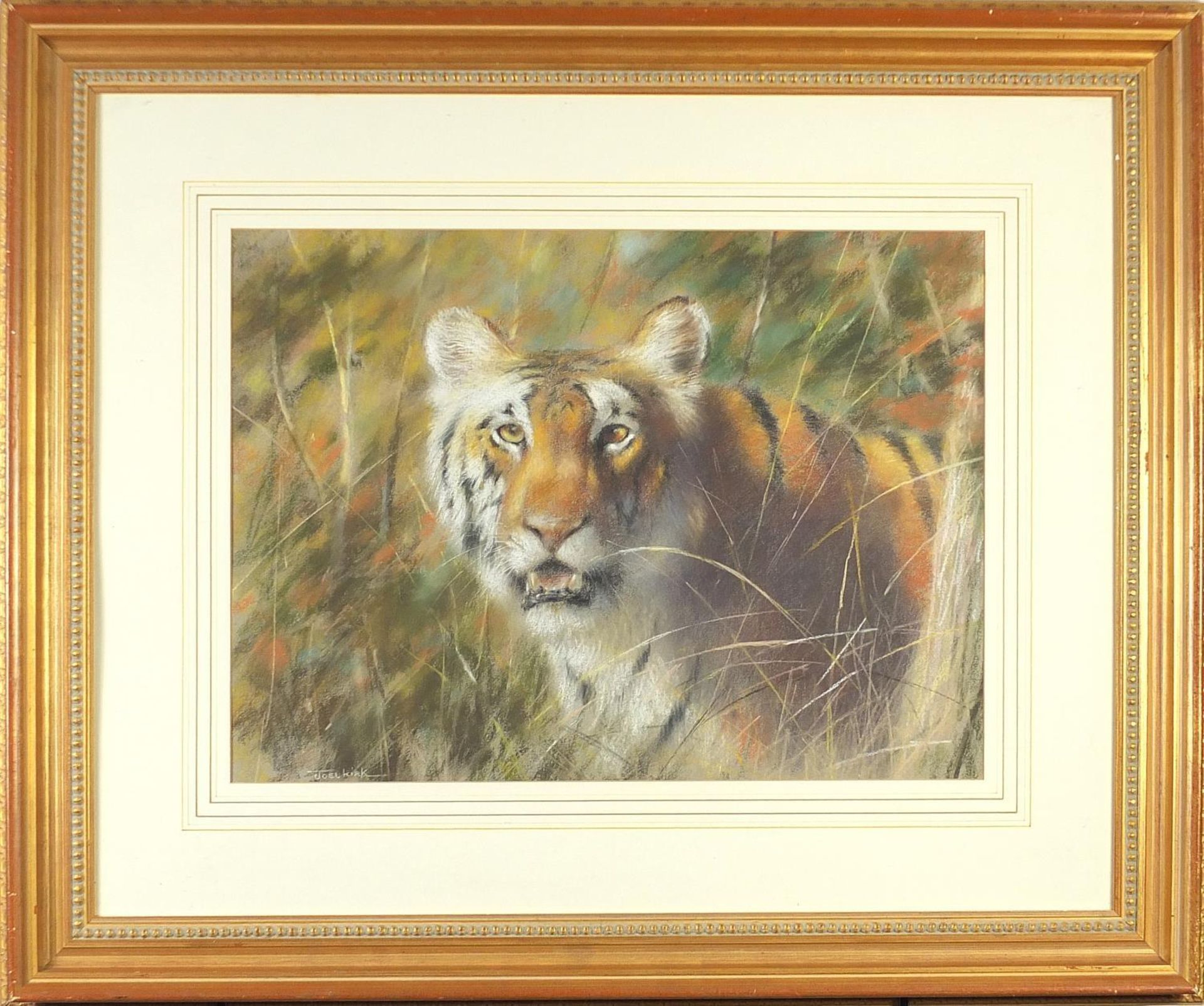 Joel Kirk - Study of a tiger, signed pastel, mounted, framed and glazed, 63.5cm x 50cm excluding the - Image 2 of 4
