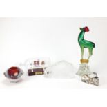 Glassware including a Murano ruby dish and a large Murano deer, the largest 34cm high