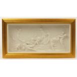 Rectangular classical plaster panel decorated in relief with scantily dressed females, lovers and