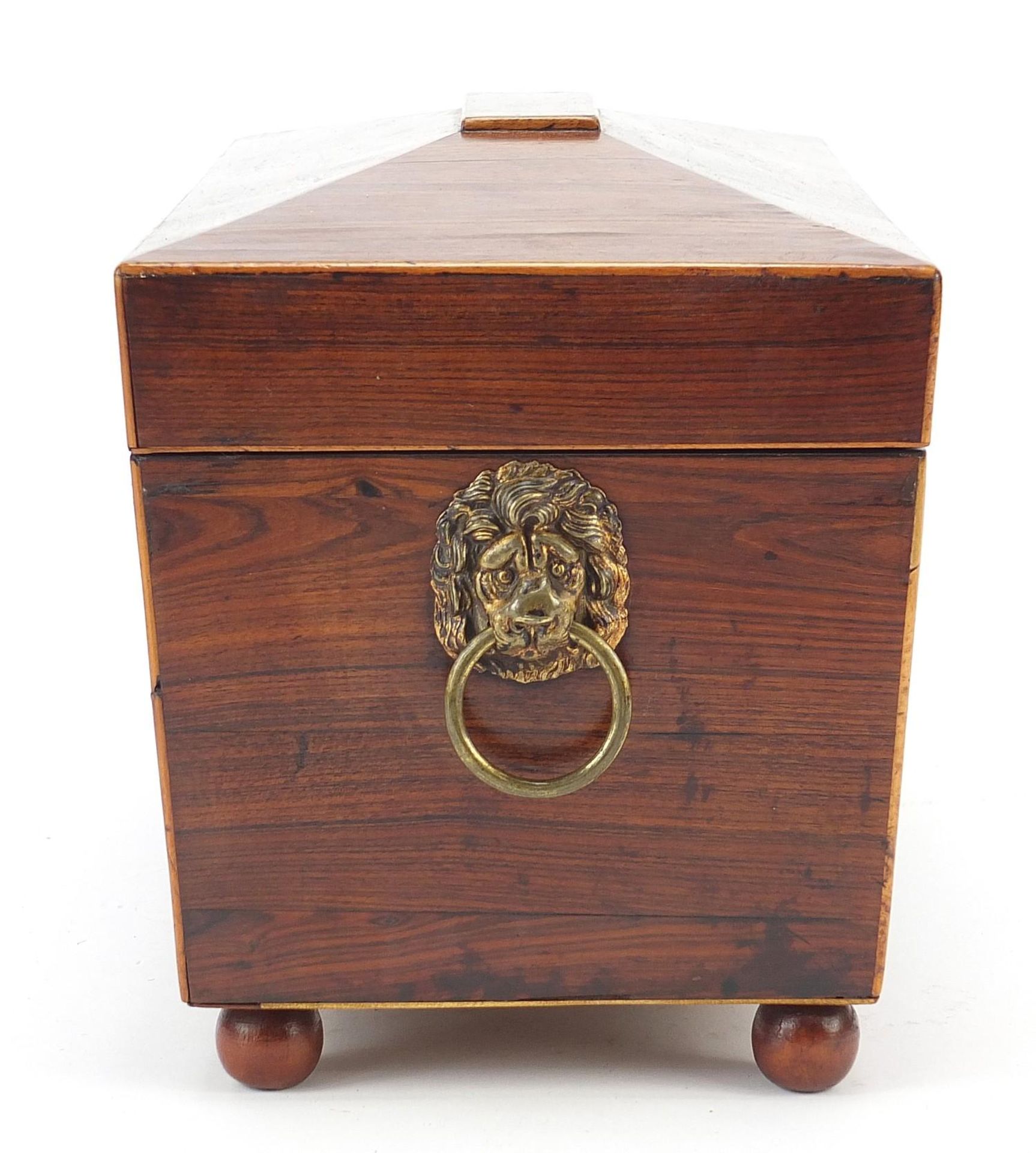 Victorian rosewood sarcophagus shaped tea caddy with lion mask handles, lidded compartments and - Bild 8 aus 10