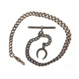 Graduated silver watch chain with T bar and horseshoe charm, 34cm in length, 38.2g