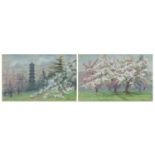 Kew Gardens and Japanese cherry blossom, pair of pastels, mounted, framed and glazed, each 14cm x