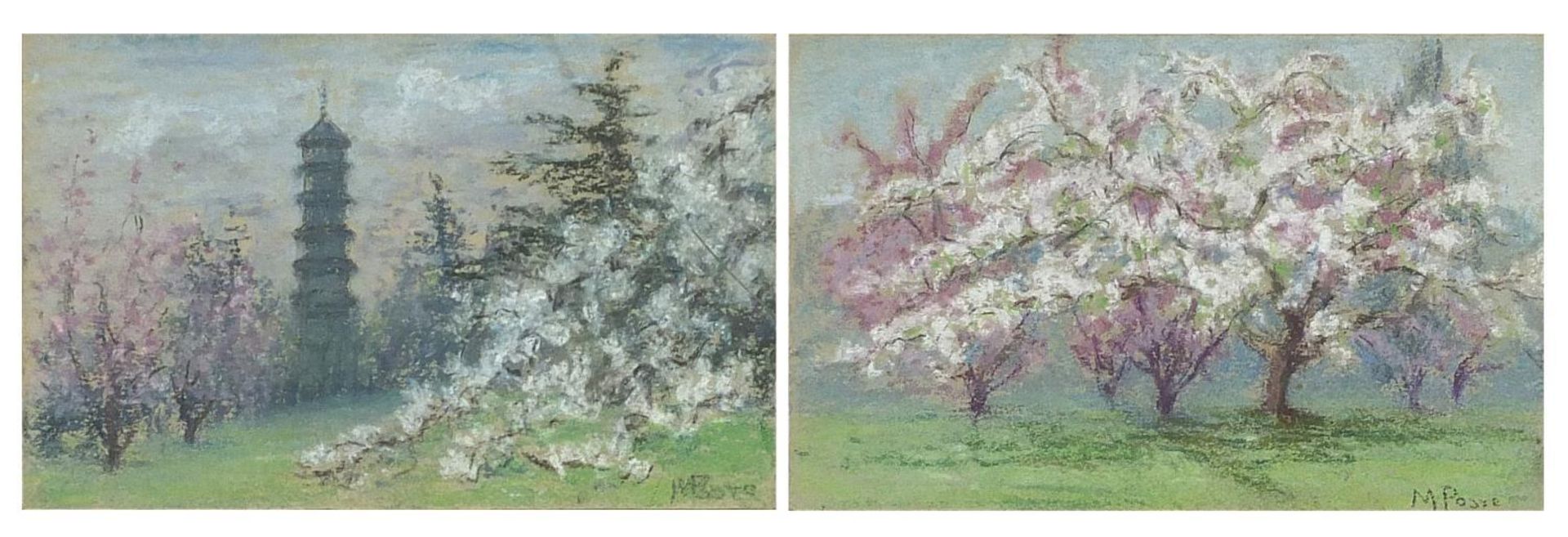 Kew Gardens and Japanese cherry blossom, pair of pastels, mounted, framed and glazed, each 14cm x