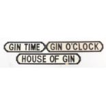 Three painted wood railway style gin signs, the largest 79cm wide
