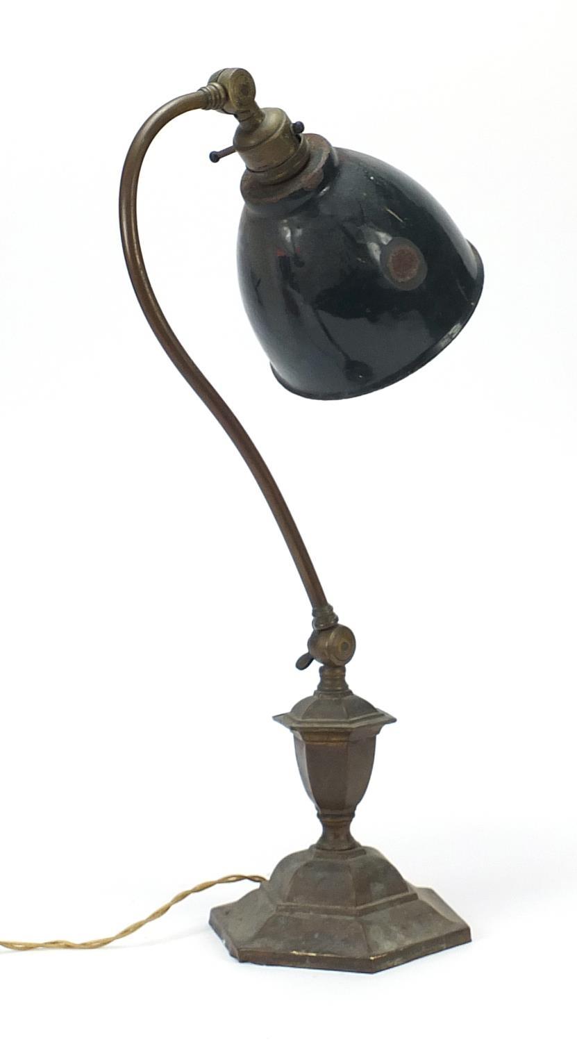 Early 20th century brass adjustable table lamp with enamelled shade, numbered 1027 to the base, 48cm - Image 2 of 2