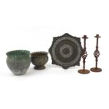 Metalware including a Turkish pierced and embossed tray and pair of spiral twist candlesticks, the