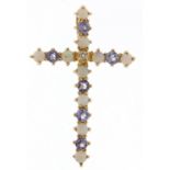 9ct gold opal and tanzanite cross pendant, 25mm high, 1.2g