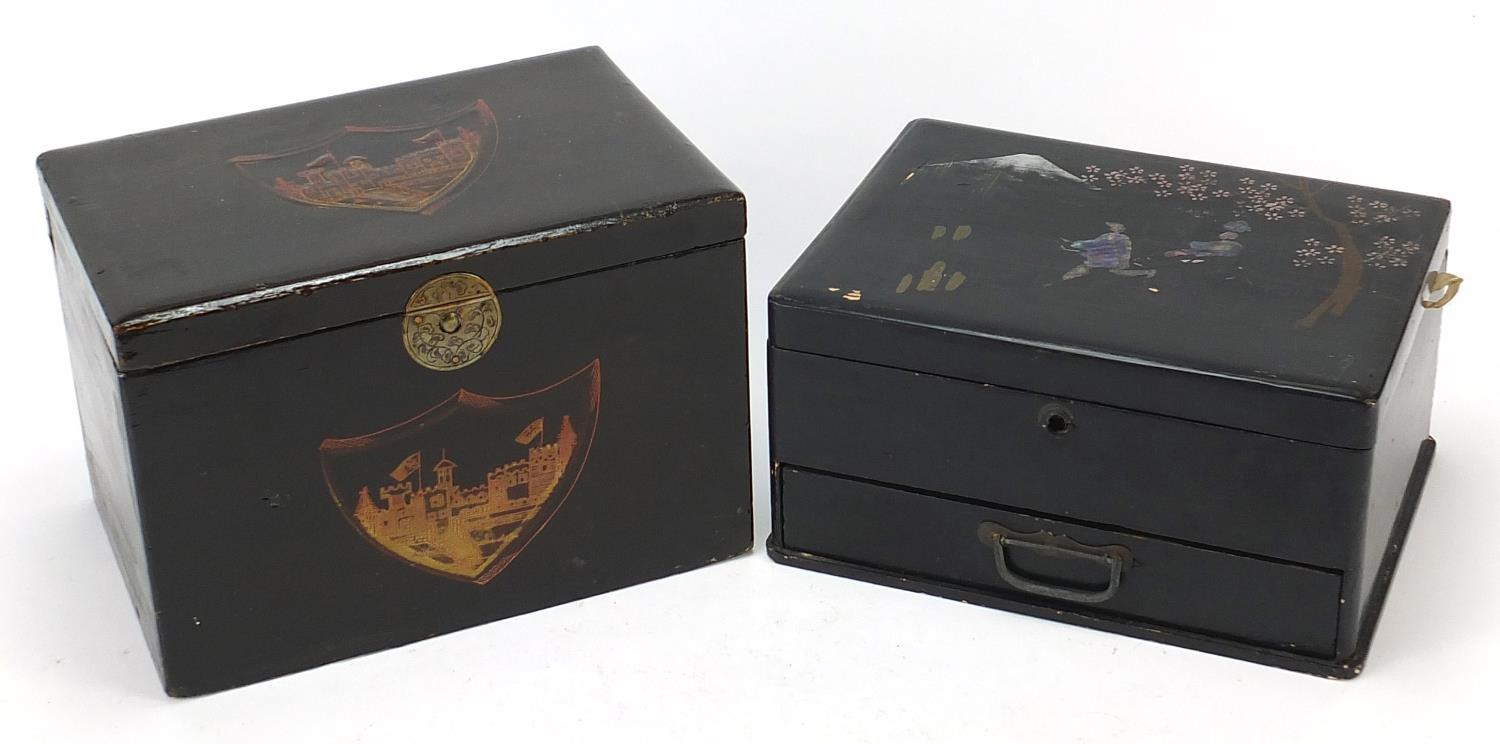 Two Japanese lacquered boxes including one with abalone inlay, the largest 24.5cm wide