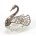 Large silver mounted cut glass swan table salt with articulated wings, 13cm in length