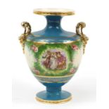 Large Vienna style vase with twin handles decorated with maidens, 32cm high