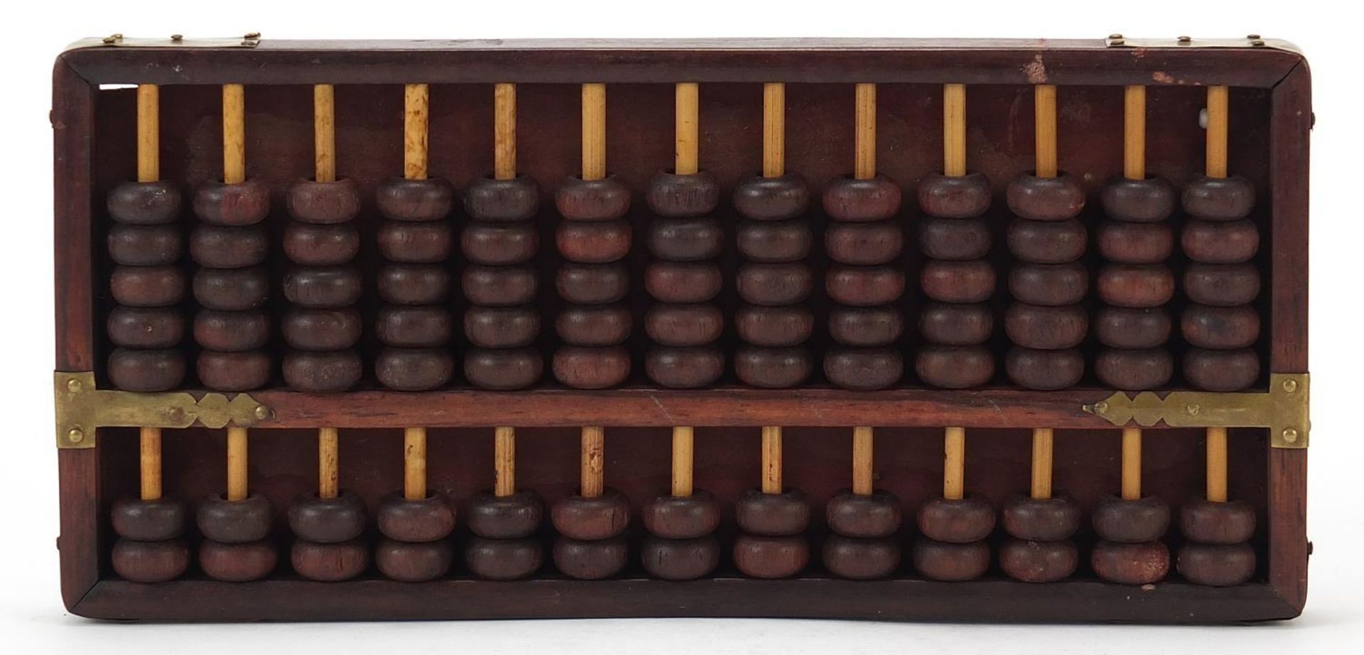 Chinese hardwood abacus with brass mounts, 24cm wide