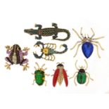 Seven jewelled and enamel animal and insect brooches including scorpion, spider, shield bug,