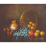 Still life fruit and vessels, oil on canvas bearing a signature F Peters, mounted and framed, 60cm x
