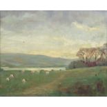 Sheep grazing before a river and hills, Impressionist oil on board, mounted and framed, 24cm x