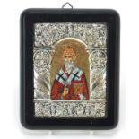 Greek Silver overlaid Orthodox icon hand painted with saints, Spyridon, 17cm x 14cm