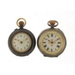 Two ladies open face pocket watches with enamel dials comprising one silver and one gun metal,