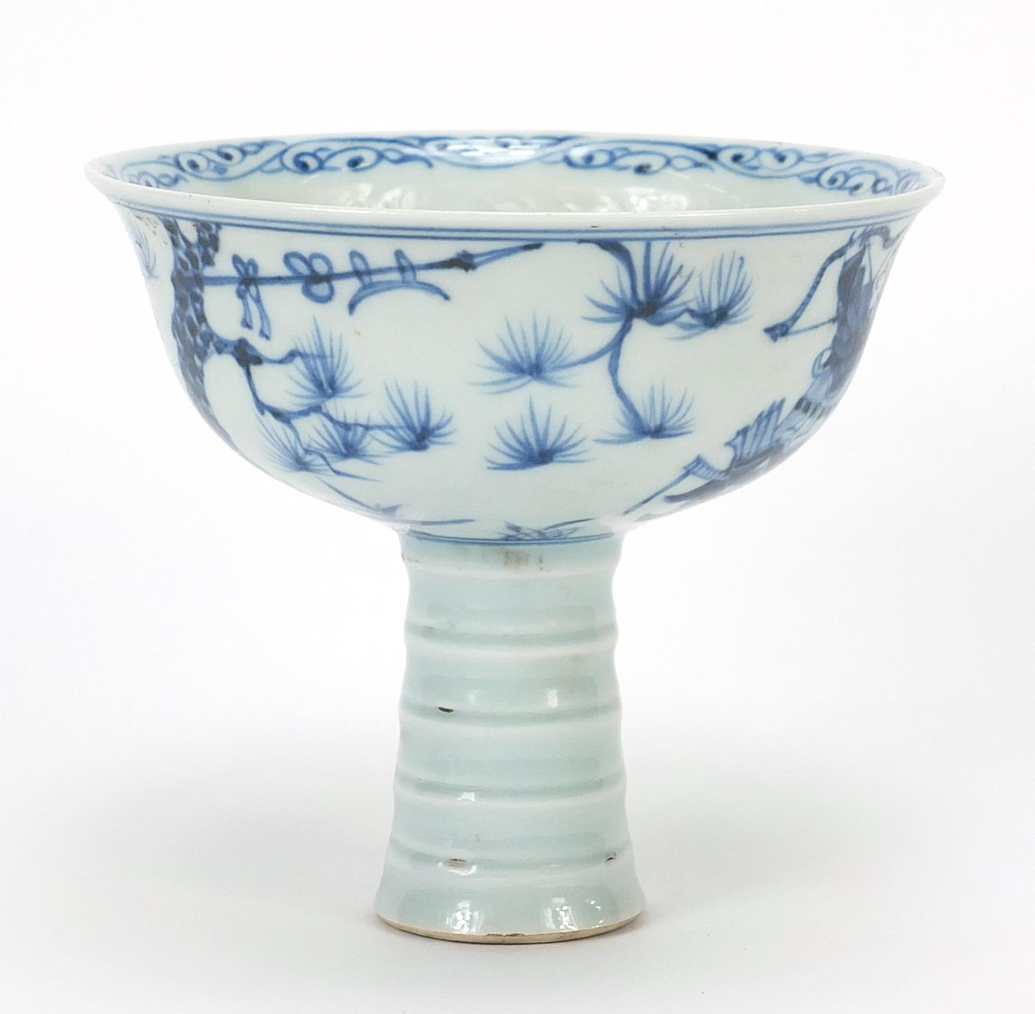 Chinese blue and white porcelain stem bowl hand painted with warriors, 11cm high x 12.5cm in - Image 3 of 7