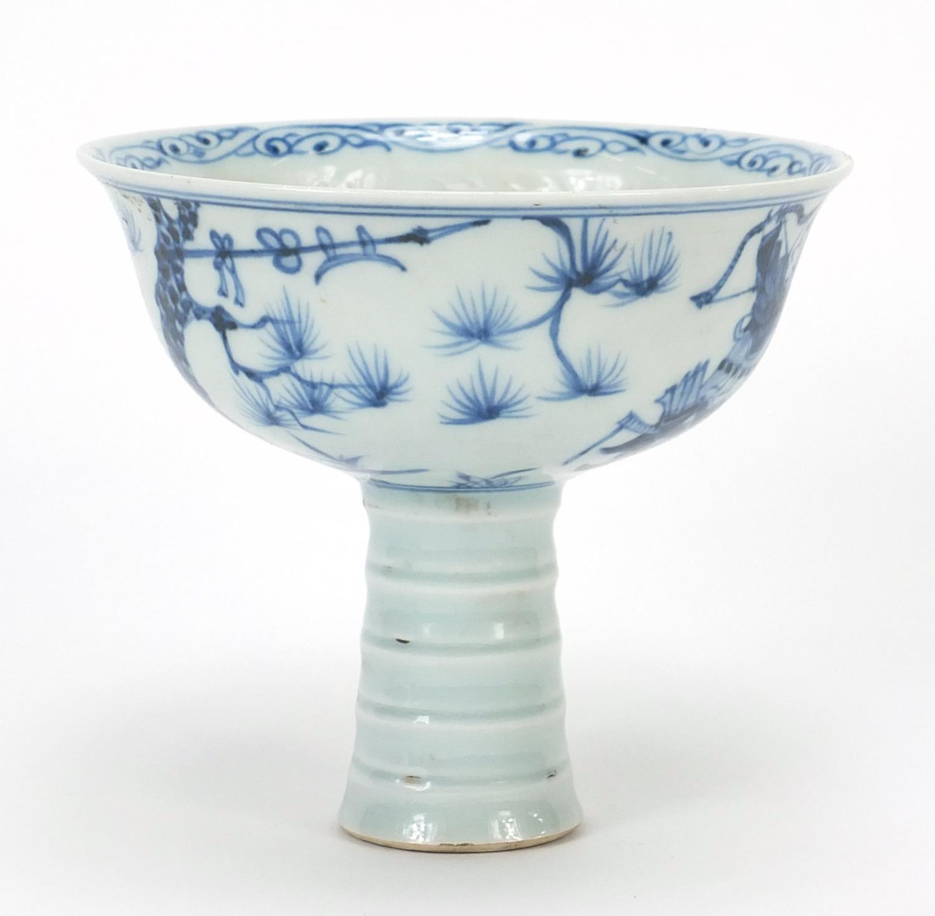 Chinese blue and white porcelain stem bowl hand painted with warriors, 11cm high x 12.5cm in - Bild 3 aus 7