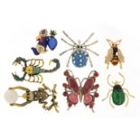 Seven jewelled and enamel animal and insect brooches including monkey on a branch, scorpion,