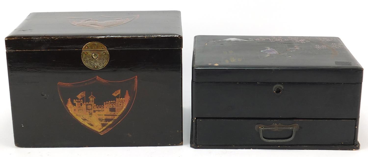 Two Japanese lacquered boxes including one with abalone inlay, the largest 24.5cm wide - Image 6 of 8