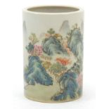 Chinese porcelain brush pot finely hand painted in the famille rose palette with a river