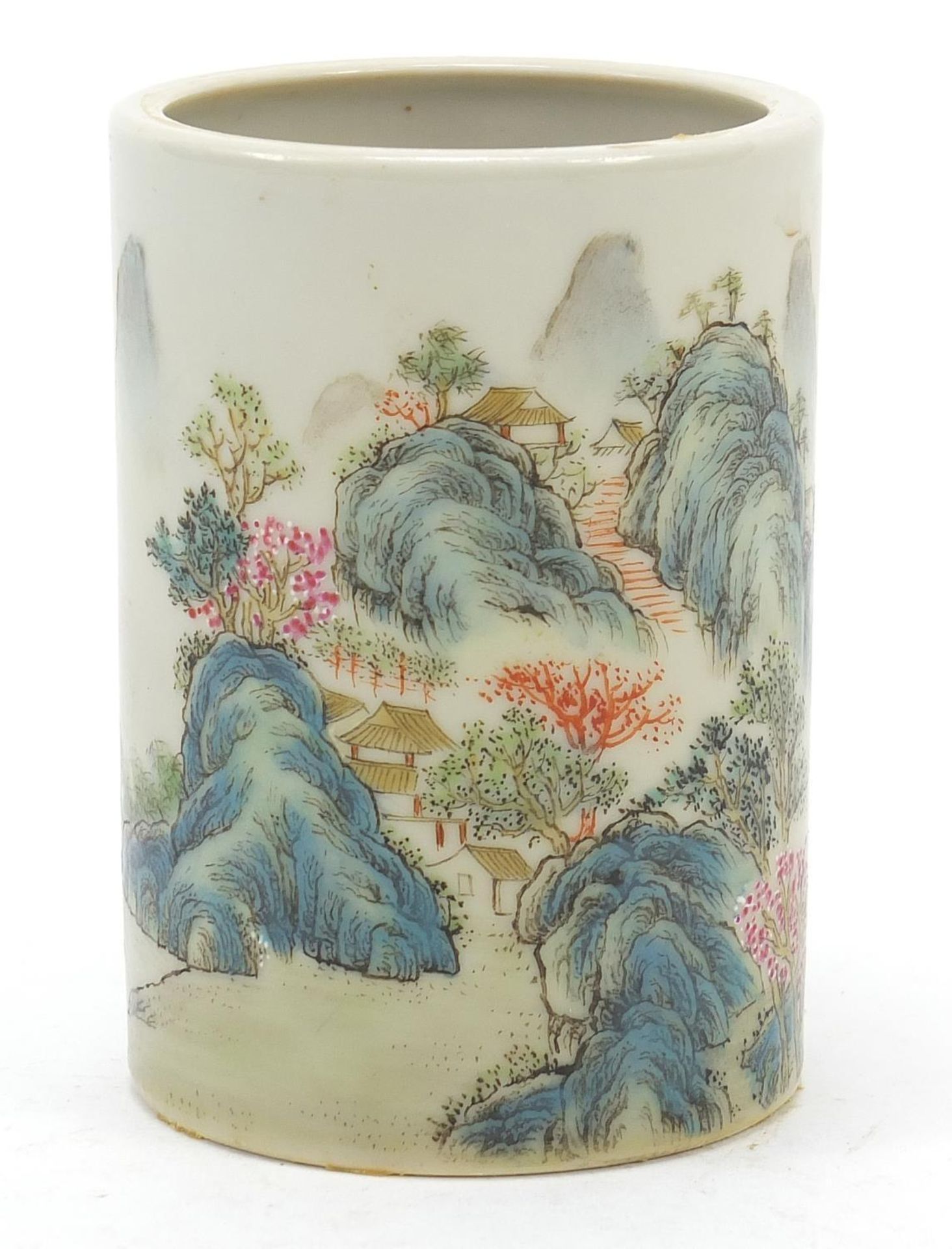 Chinese porcelain brush pot finely hand painted in the famille rose palette with a river