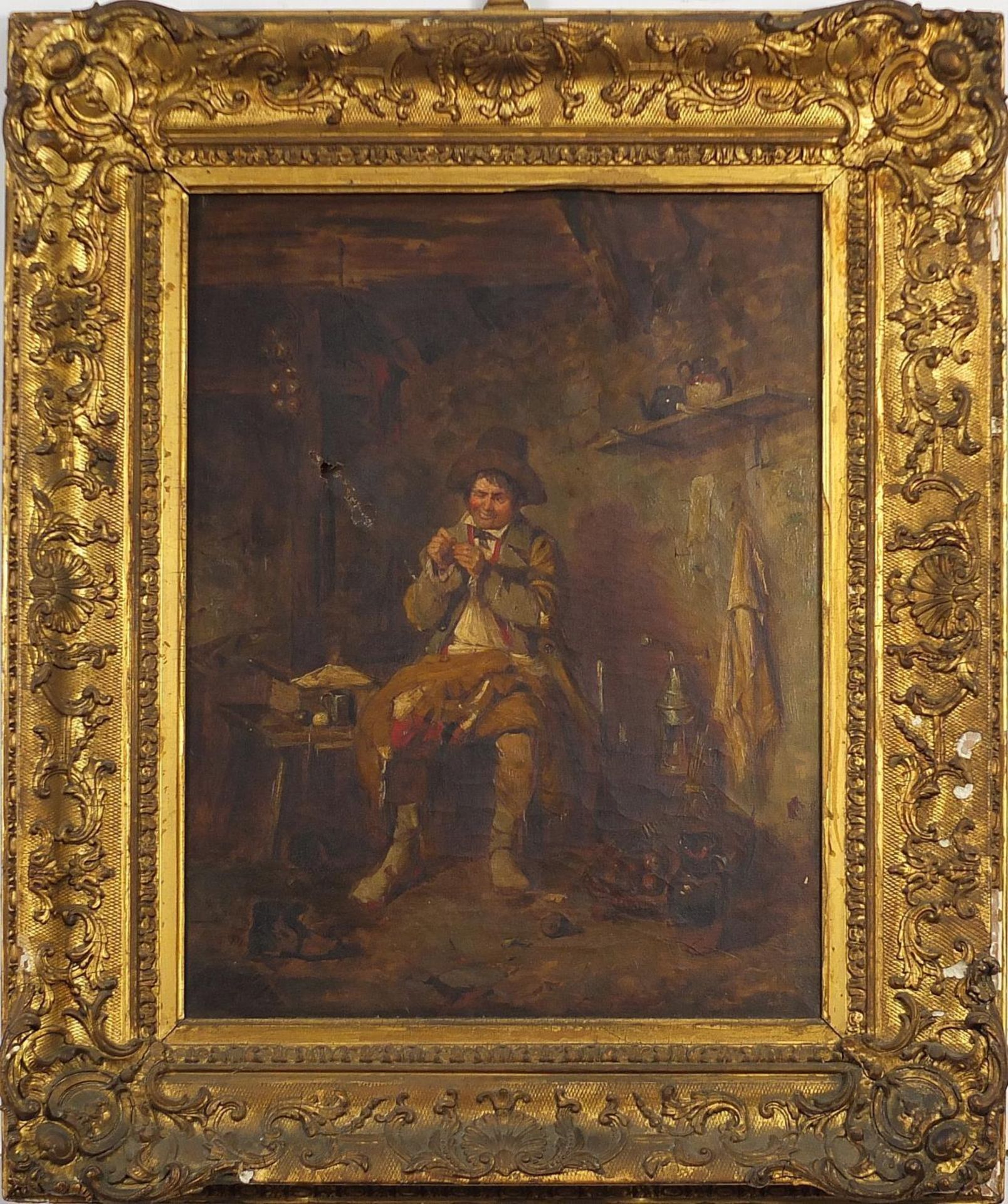 Irish tinker in an interior, 19th century oil on canvas, mounted and framed, 44.5cm x 34cm excluding - Image 2 of 3