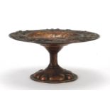 Arts & Crafts copper pedestal dish embossed with butterfly and spider web amongst berries and