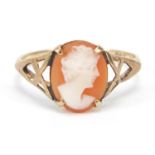 9ct gold cameo maiden head ring, size K, 1.4g