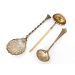 George III silver toddy with bone handle and two Victorian silver sifting spoons, the largest 17cm