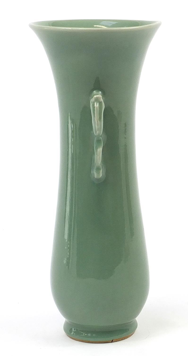 Japanese porcelain vase with dragon handles having a celadon glaze, incised marks to the base, - Image 2 of 8