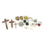 Antique and later jewellery, some silver including star burst brooch and crucifixes