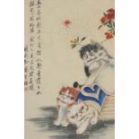 Attributed to Sun Jusheng - Three cats, Chinese ink and watercolour on paper, 43cm x 32.5cm