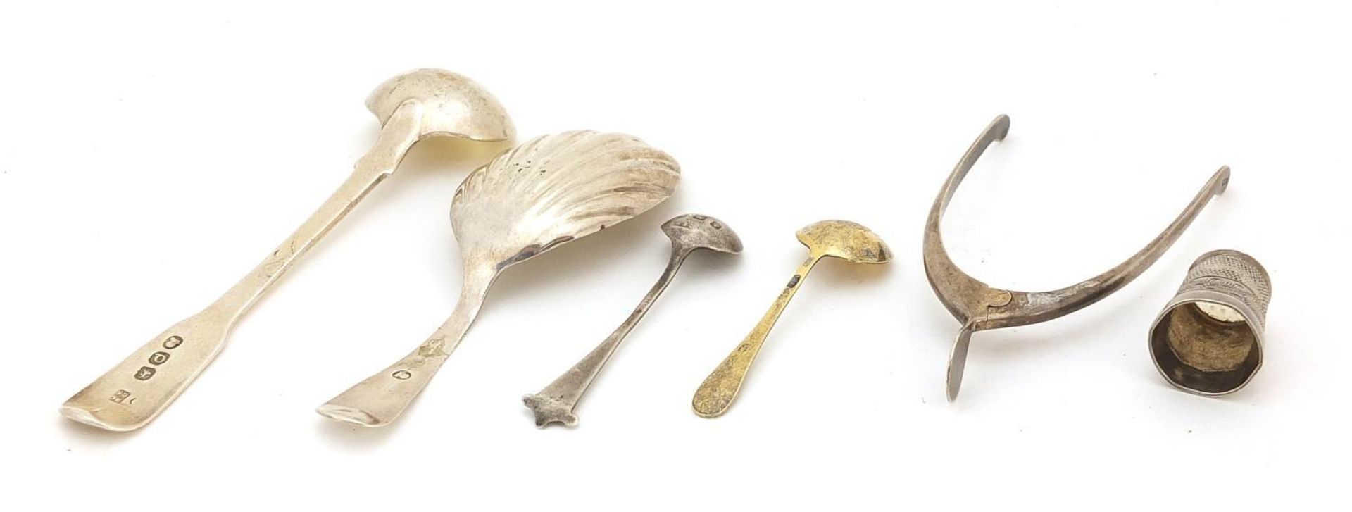 Georgian and later silver objects including a Georgian shell shaped caddy spoon, pair of wishbone - Image 5 of 6