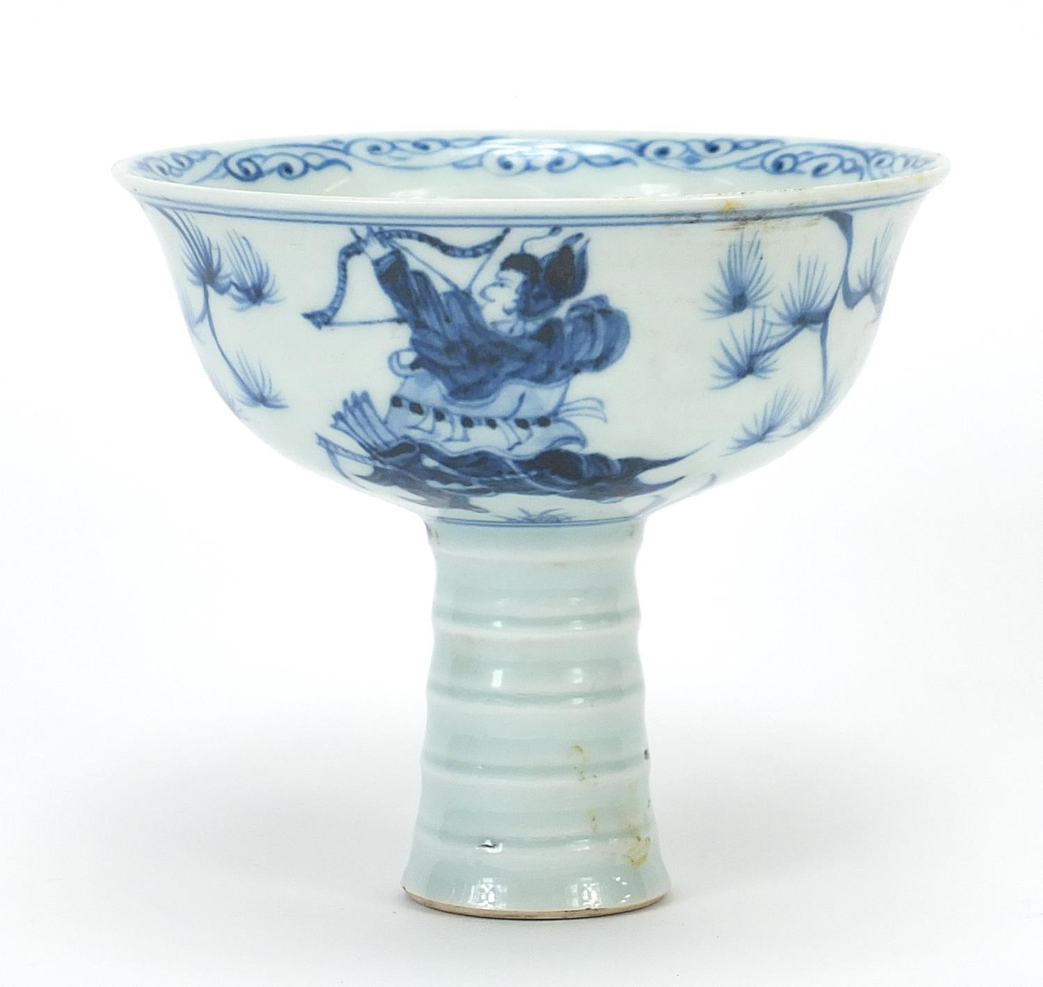 Chinese blue and white porcelain stem bowl hand painted with warriors, 11cm high x 12.5cm in - Image 4 of 7