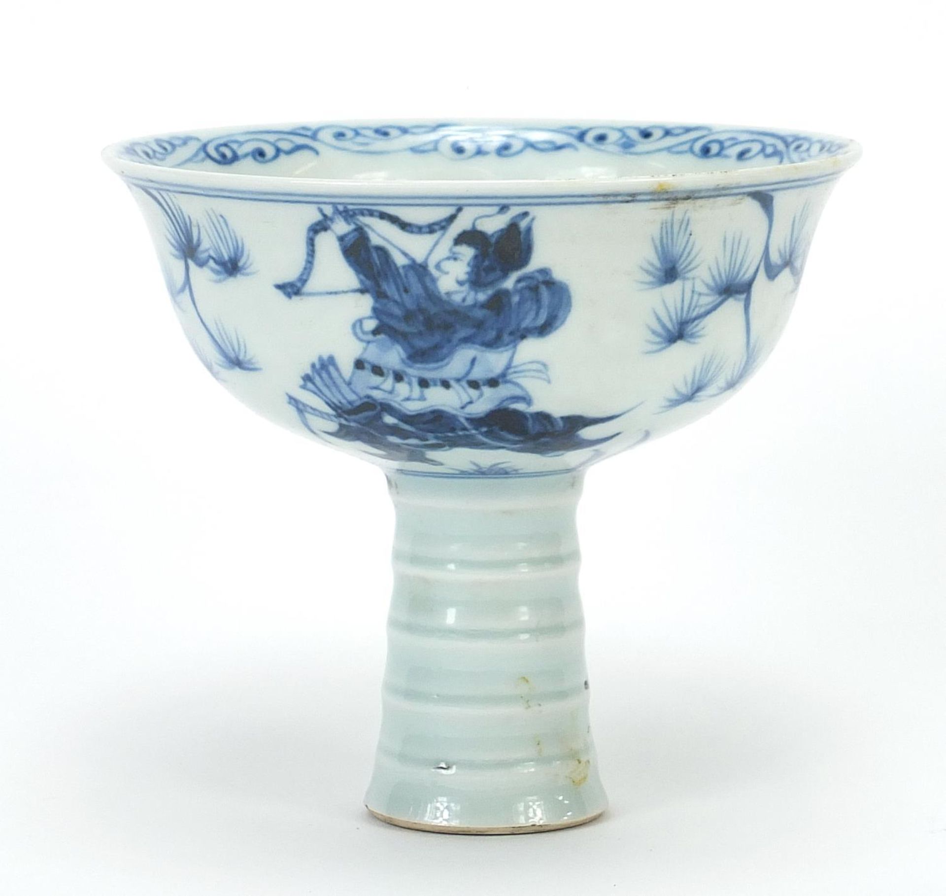 Chinese blue and white porcelain stem bowl hand painted with warriors, 11cm high x 12.5cm in - Bild 4 aus 7