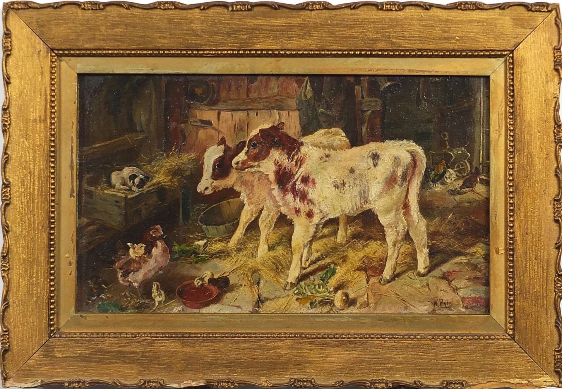 W Pym - Farm animals in a barn, 19th century oil on board, mounted and framed, 28cm x 16cm excluding - Image 2 of 4