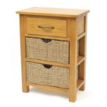 Contemporary light oak side cabinet with frieze drawer and two wicker drawers, 75cm H x 55cm W x