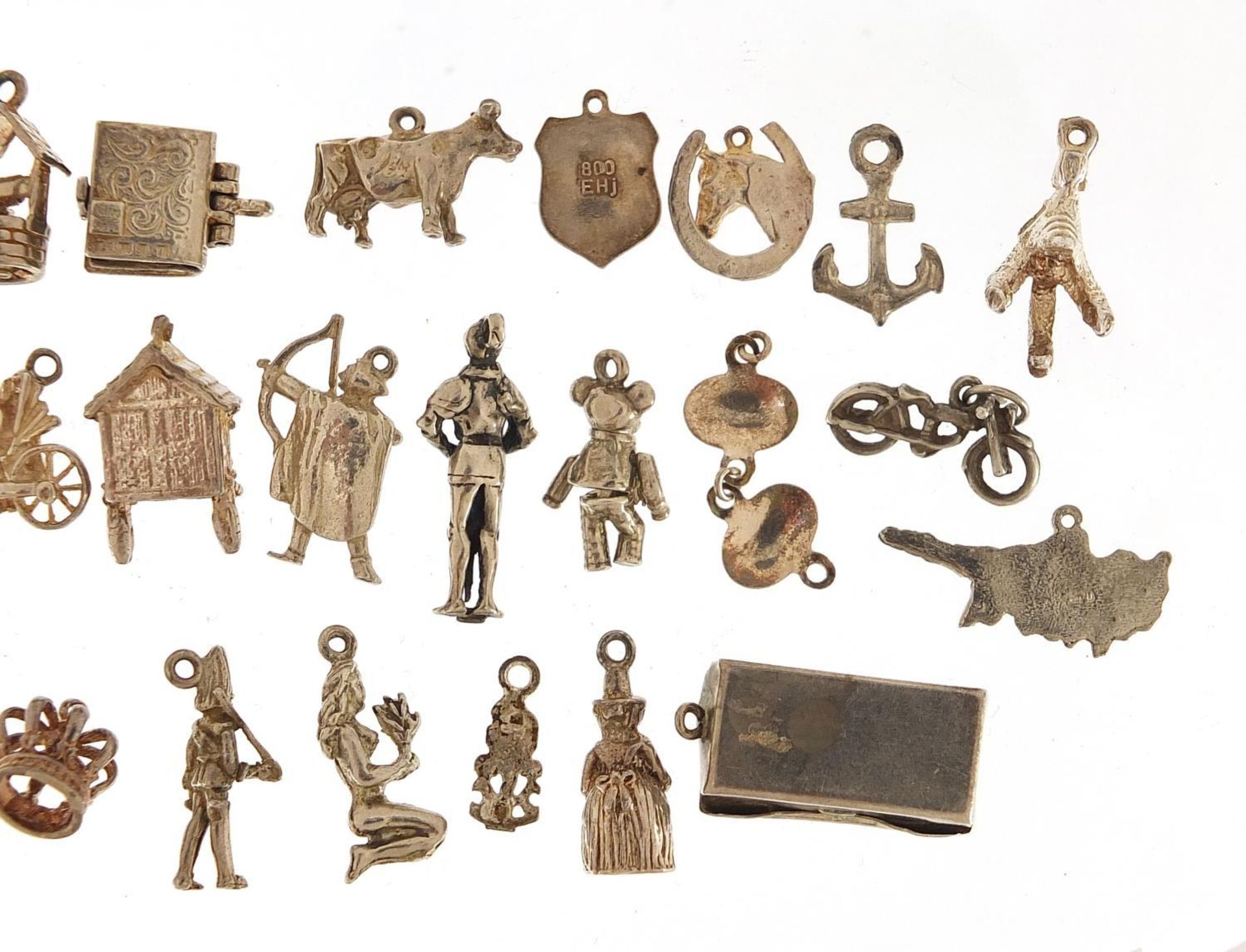 Collection of silver charms including Rupert Bear, hinged first aid box, vintage motorcycle, - Image 6 of 8