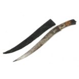 Afghan Pesh-kabz knife with bone handle, sheath and steel blade engraved with a wild animal
