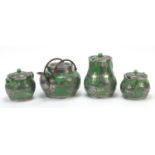 Chinese pewter mounted pottery four piece tea set comprising two jugs, sugar bowl and teapot, the