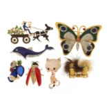 Seven jewelled and enamel animal and insect brooches including butterfly, dolphin and horse &