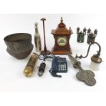 Sundry items including an Indian brass jardinière, Arts & Crafts style copper wall light, German