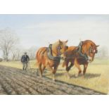 J Funnell - Workhorses ploughing a field, watercolour, mounted, framed and glazed, 39.5cm x 30cm