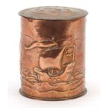 Newlyn, Arts & Crafts copper tea caddy embossed with three sailing ships, impressed Newlyn to the