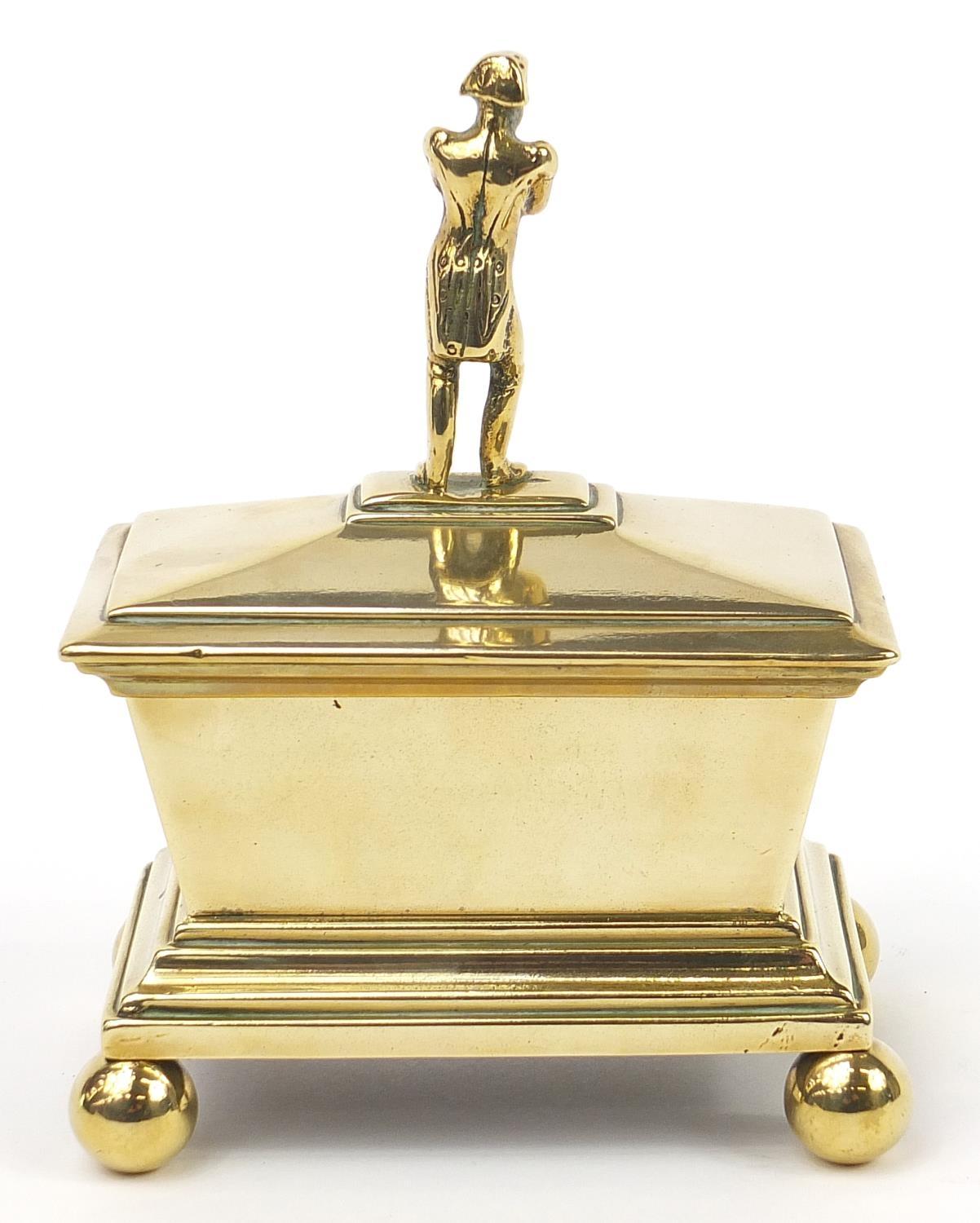Victorian Napoleon design tobacco box with lead lining, 16cm H x 11.5cm W x 9cm D - Image 4 of 7