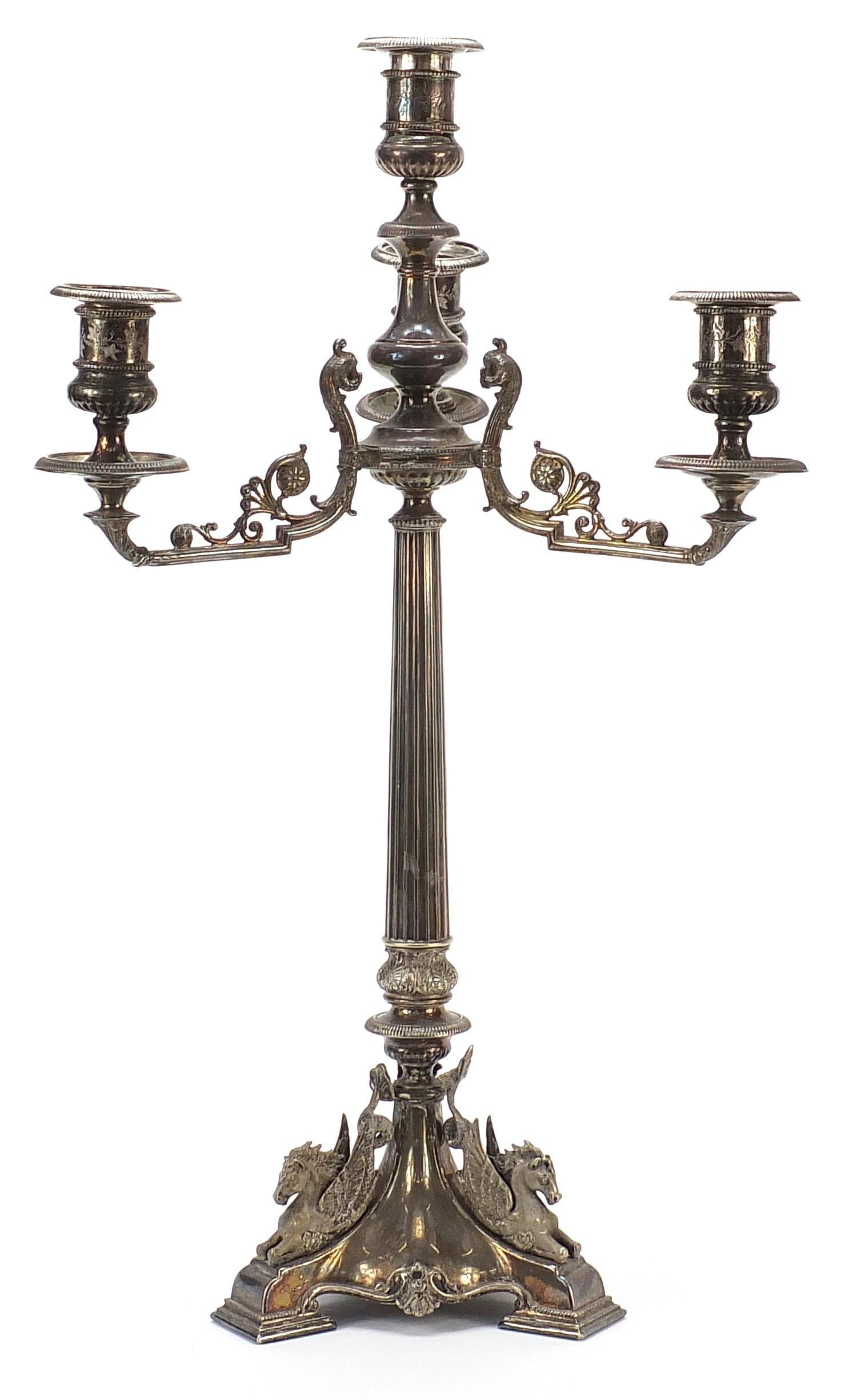 19th century silver plated four branch candelabra with reeded column, 54cm high