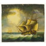 Rigged ship on stormy seas, oil on metal plaque bearing a monogram JW, 9cm x 8cm